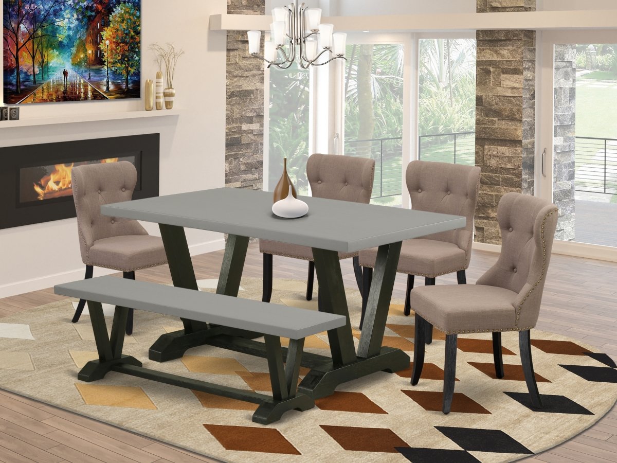 V696SI648-6 6 Piece V-Style Kitchen Dining Room Set - Wire Brushed Black -  East West Furniture