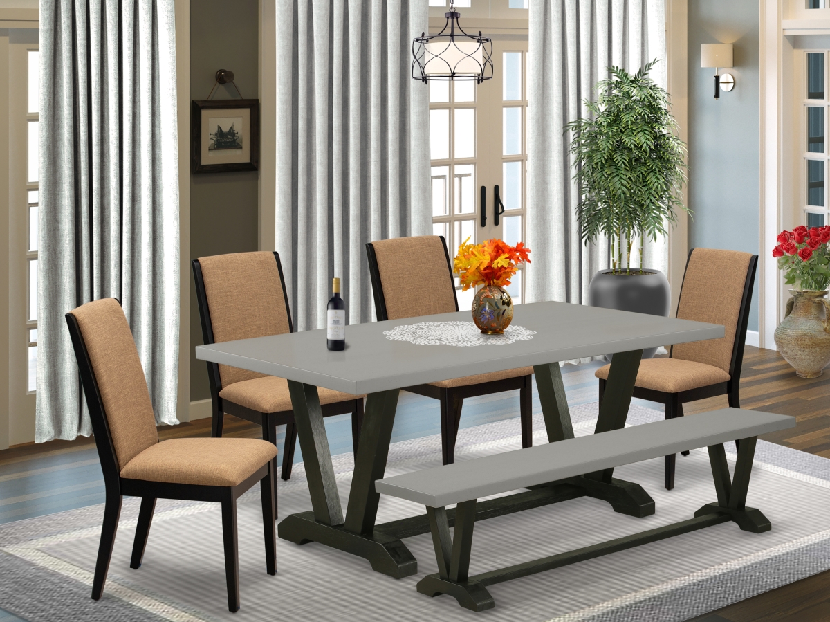 V697LA147-6 6 Piece V-Style Beautiful Dining Room Table Set - Wire Brushed Black -  East West Furniture