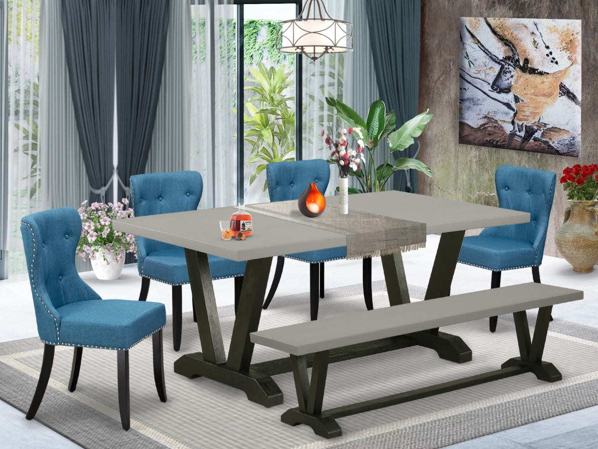 V697SI121-6 6 Piece V-Style Dining Table Set - Cement & Black