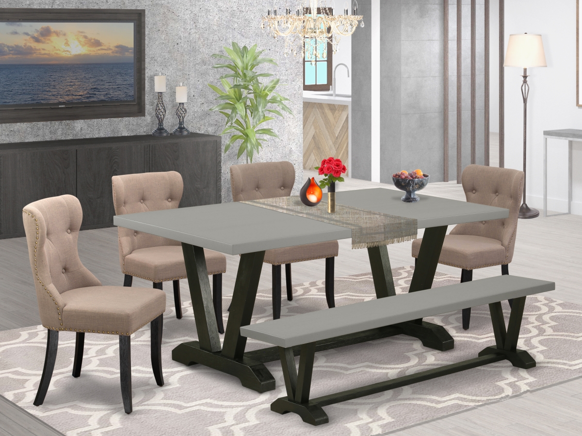 6 Piece V-Style Modern Dining Table Set - Wire Brushed Black