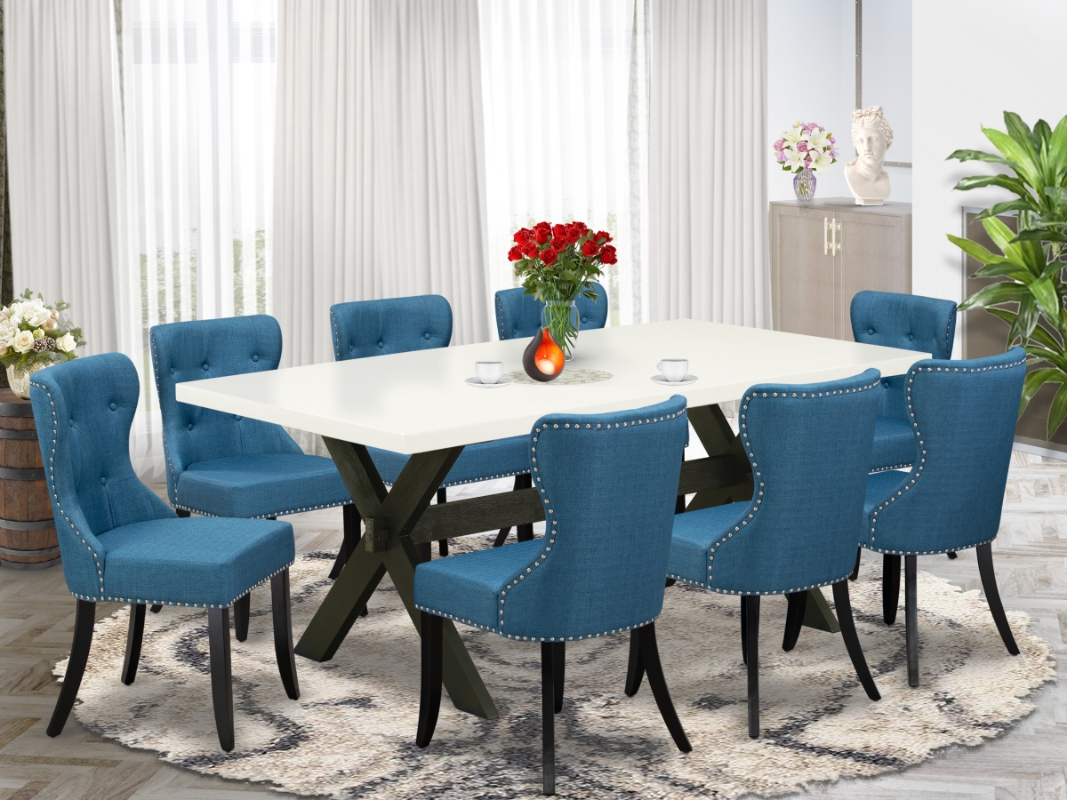 9 Piece X-Style Dining Room Table Set - Linen White & Black
