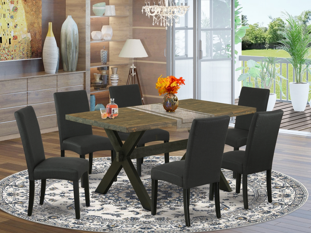 7 Piece X-Style Modern Dining Table Set - Distressed Jacobean & Black