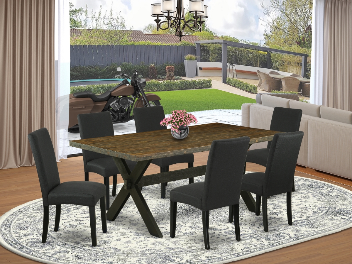 7 Piece X-Style Dining Room Set - Distressed Jacobean & Black