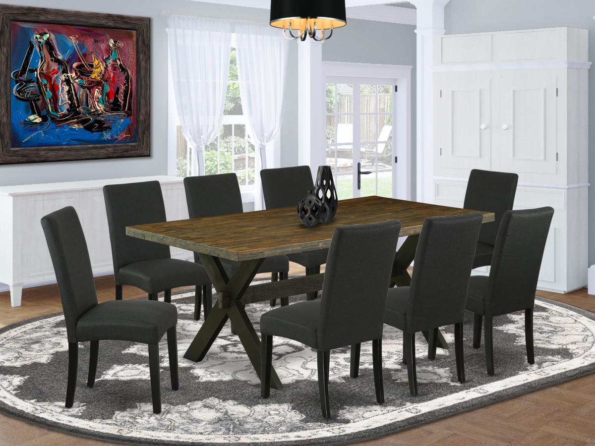 9 Piece X-Style Dining Table Set - Distressed Jacobean & Black