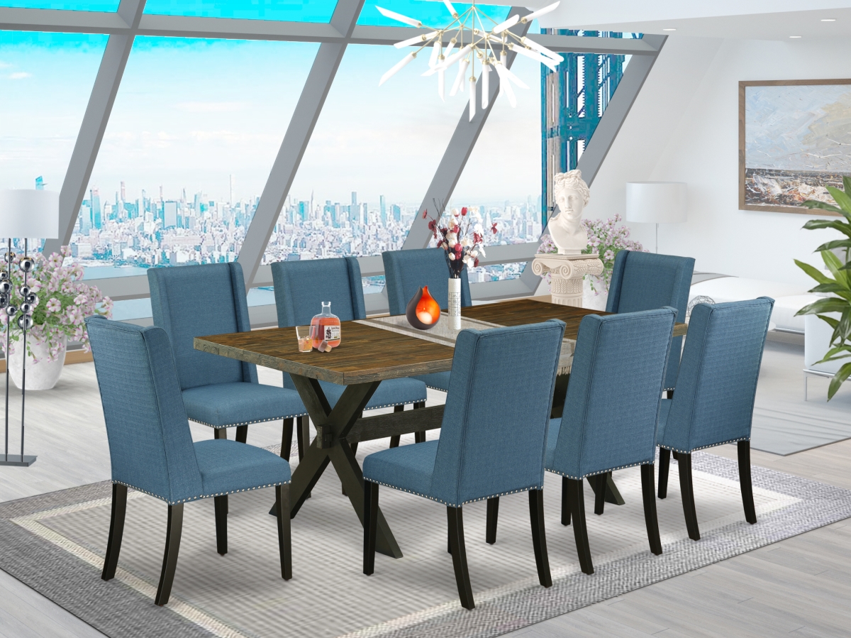 9 Piece X-Style Awesome Dining Table Set - Wire Brushed Black