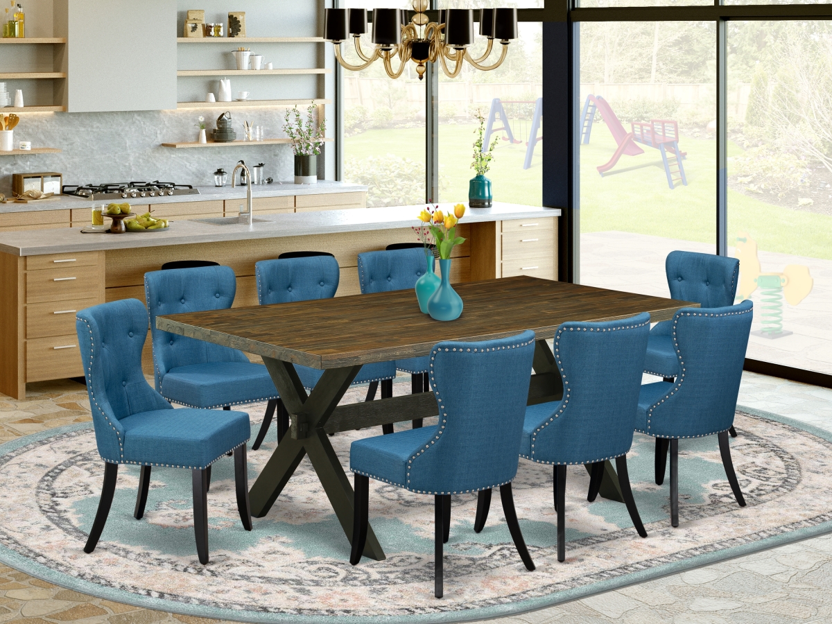 9 Piece X-Style Dining Room Set - Distressed Jacobean & Black