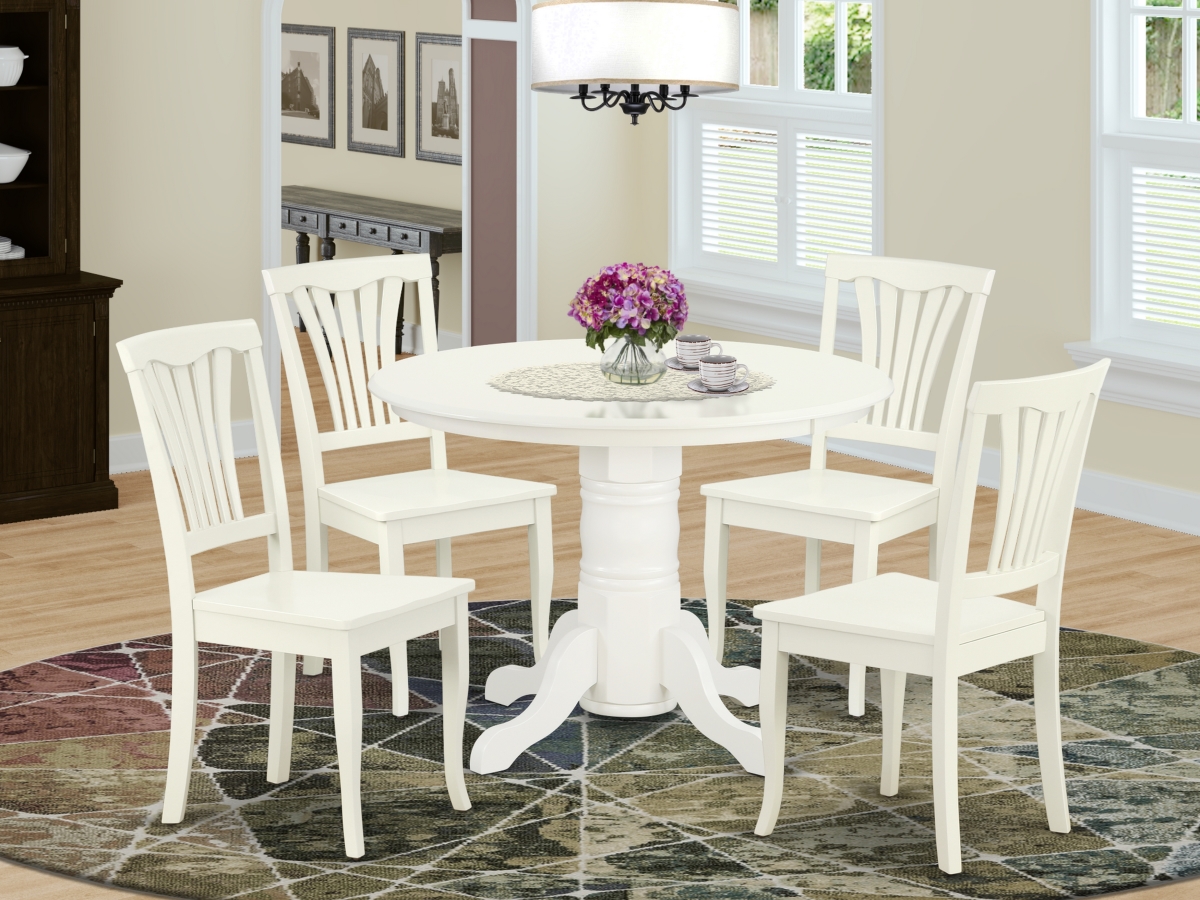 42 in. Shelton Round Table & 4 Vertical Slatted Chairs - Linen White, 5 Piece