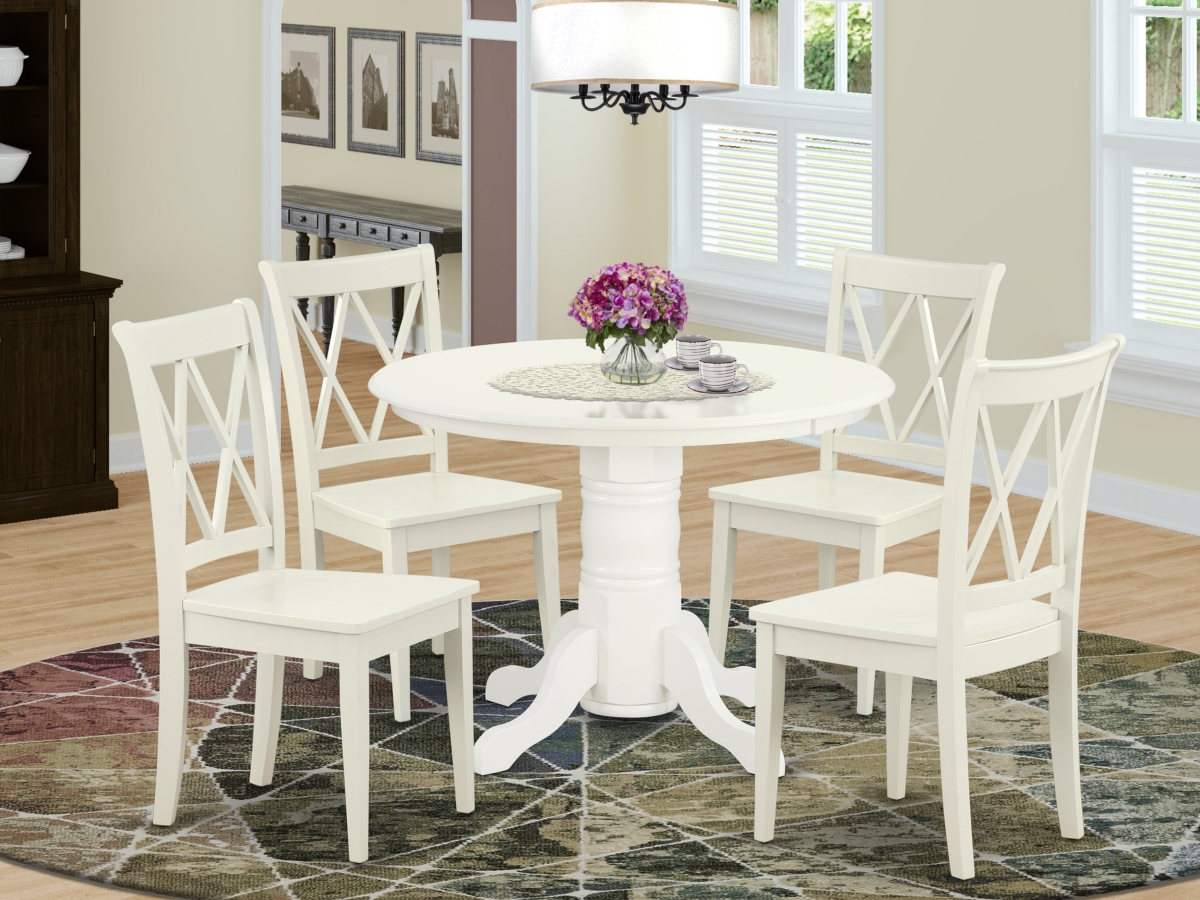 42 in. Shelton Round Table & 4 Double X Back Chairs - Linen White, 5 Piece
