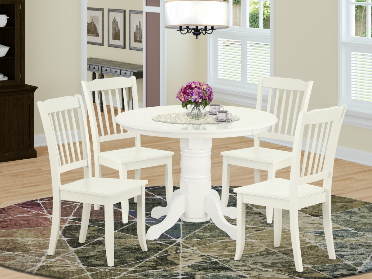 42 in. Shelton Round Table & 4 Vertical Slatted Chairs - Linen White, 5 Piece