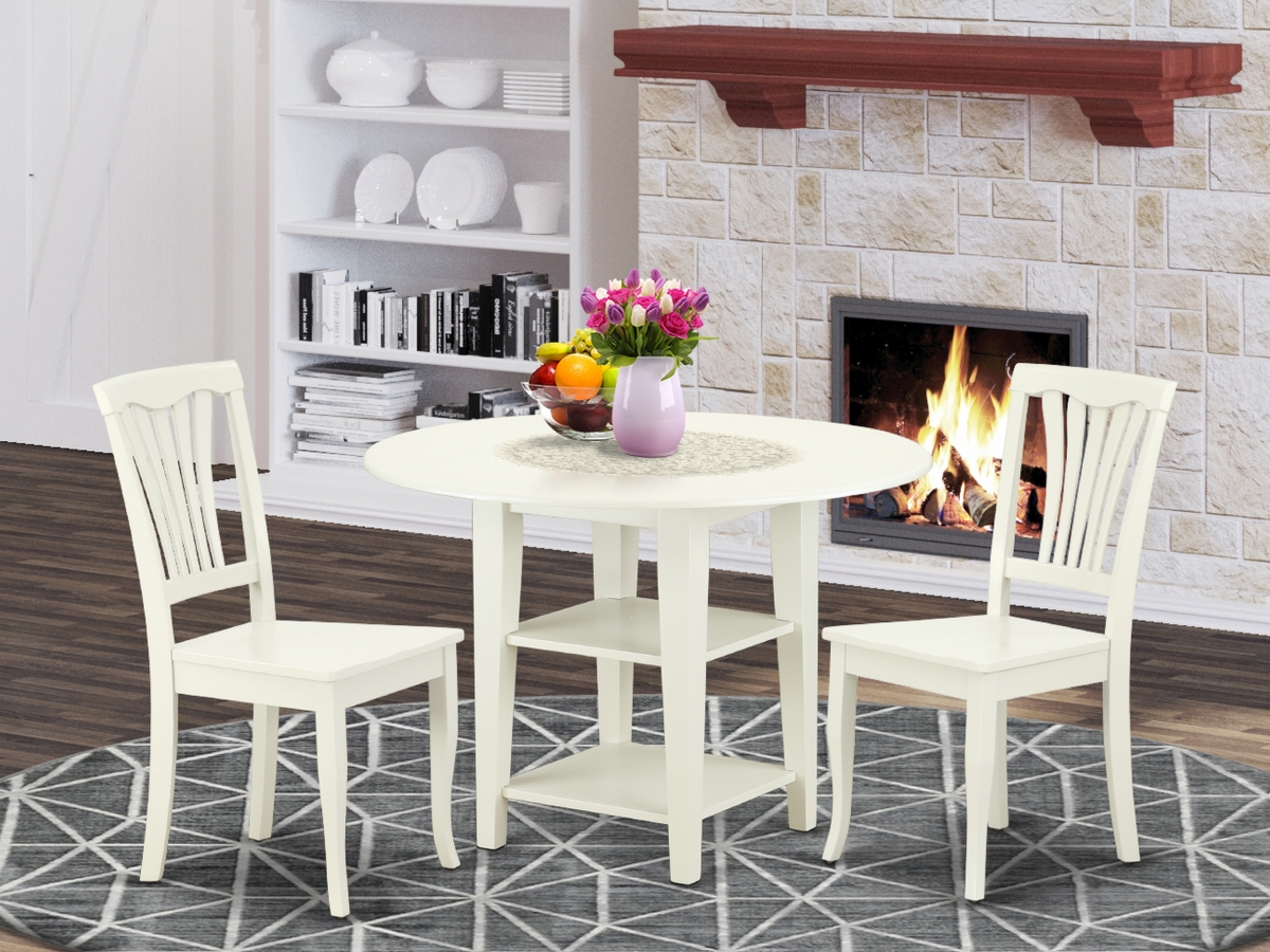20-42 in. Sudbury Round Table with Two 11 in. Drop Leaves & 2 Vertical Slatted Chairs - Linen White, 3 Piece