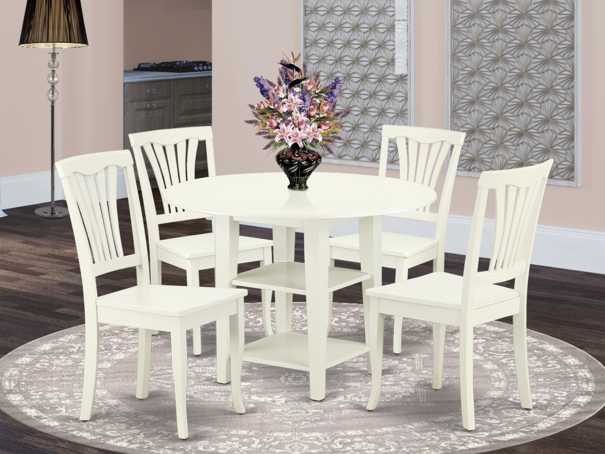 20-42 in. Sudbury Round Table with Two 11 in. Drop Leaves & 4 Vertical Slatted Chairs - Linen White, 5 Piece
