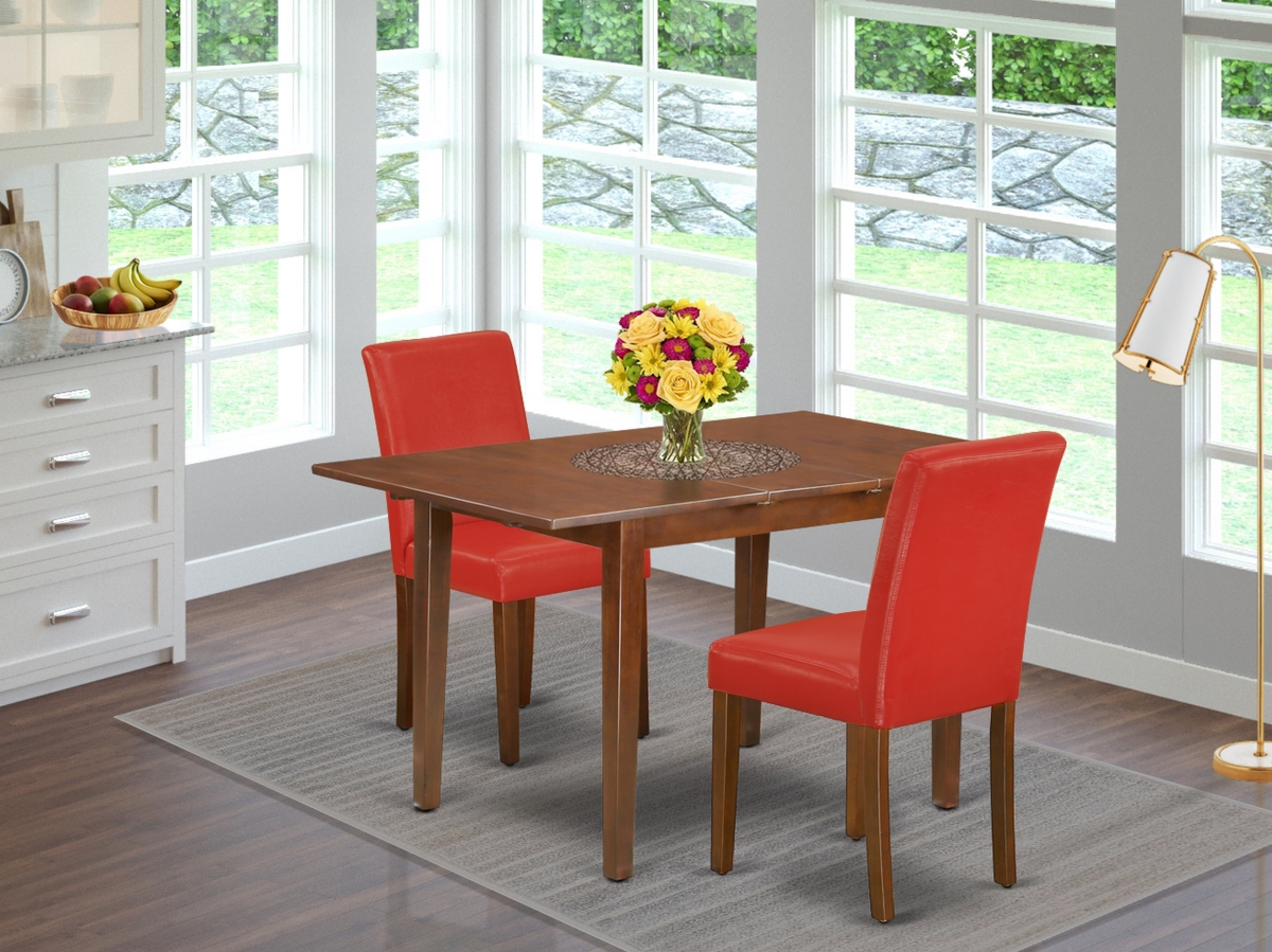 42-54 in. Milan Rectangular Table with 12 in. Leaf & Two Parson Chair with Mahogany Leg & Pu Leather - Firebrick Red, 3 Piece