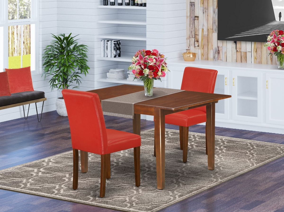 42-53.5 in. Norfolk Rectangle Dinette Table with 12 in. Butterfly Leaf & Parson Chair with Mahogany Leg & Pu Leather - Firebrick Red, 3 Piece