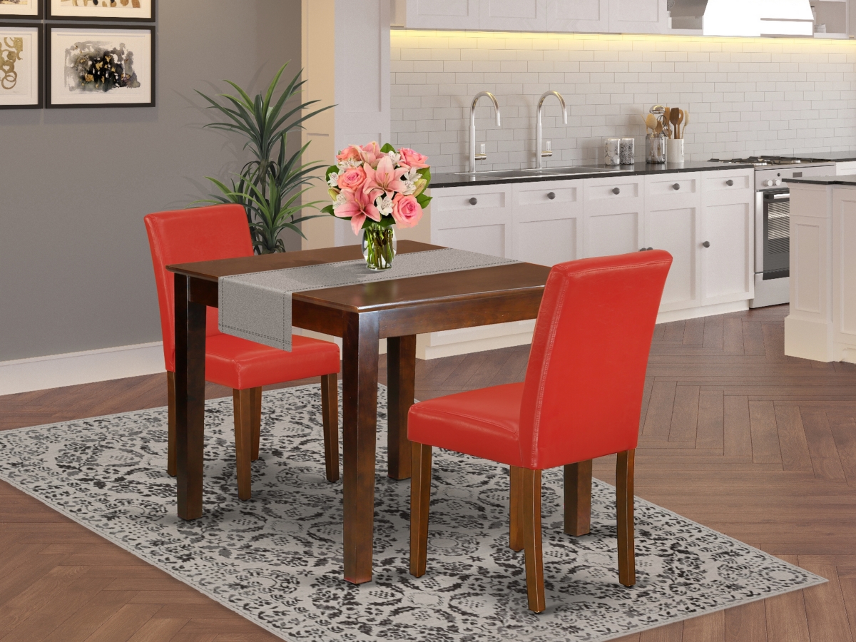 36 in. Oxford Square Kitchen Table & Parson Chair with Mahogany Leg & Pu Leather - Firebrick Red, 3 Piece