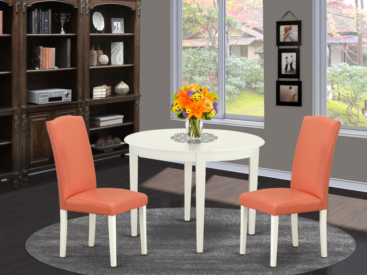 42 in. Boston Round Table & Two Parson Chair with Linen White Leg & Pu Leather - Pink Flamingo, 3 Piece -  GSI Homestyles, HO2961293