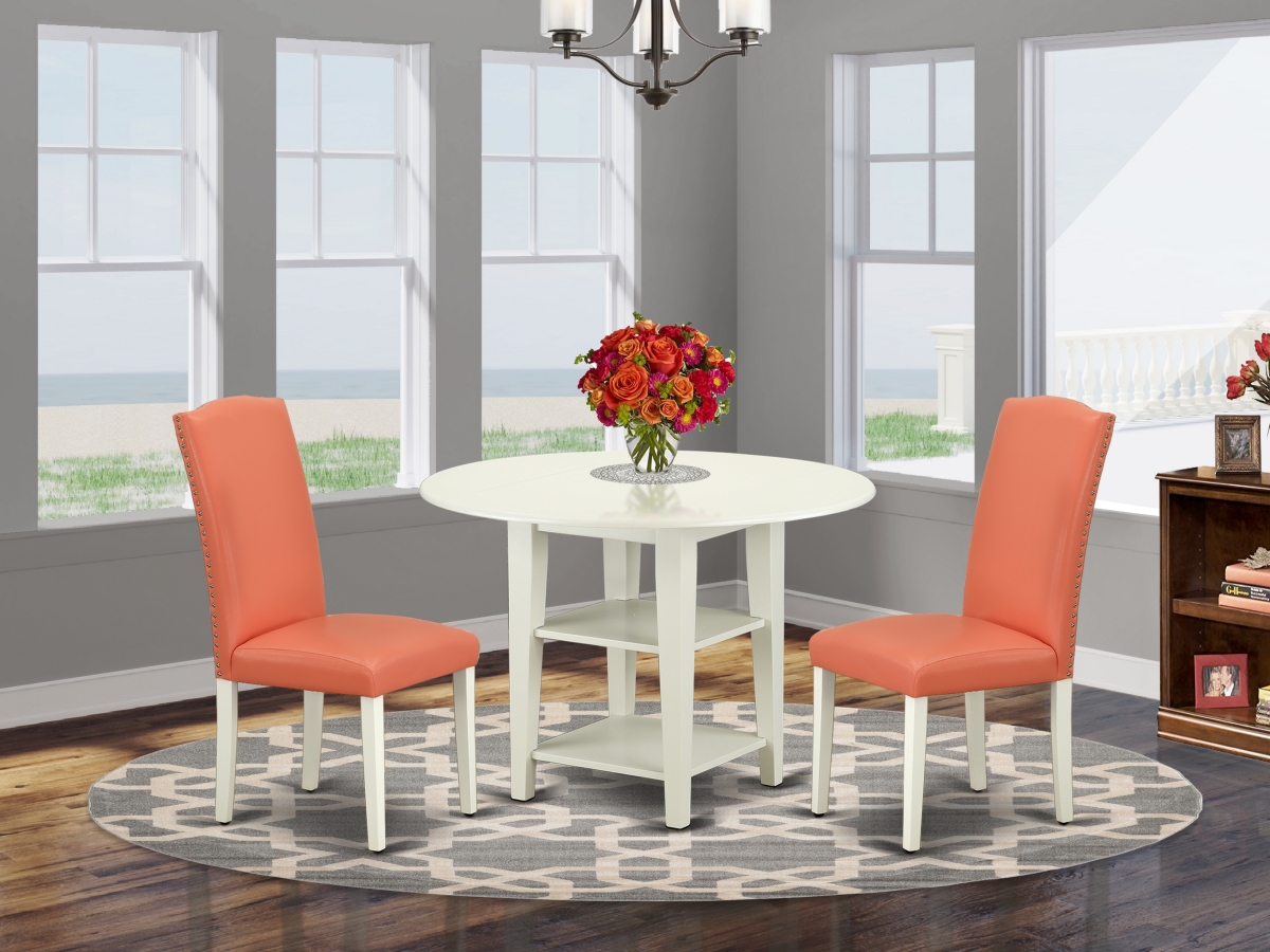 20-42 in. Sudbury Round Table with Two 11 in. Drop Leaves & 2 Parson Chair with Linen White Leg & Pu Leather - Pink Flamingo, 3 Piece -  East West Furniture, SUEN3-LWH-78