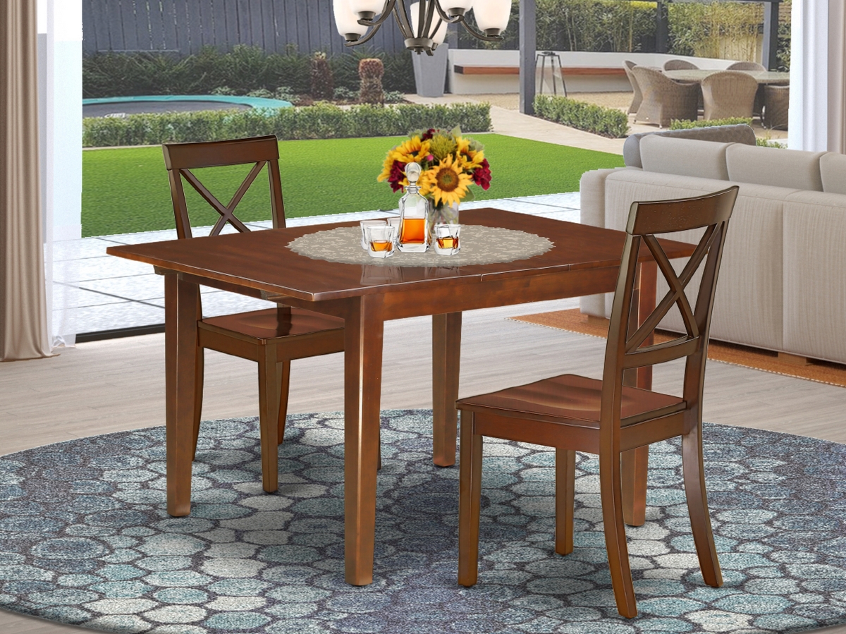 42-54 in. Milan Rectangular Dining Table with 12 in. Leaf & Wood Seat Kitchen Chairs - Mahogany, 3 Piece