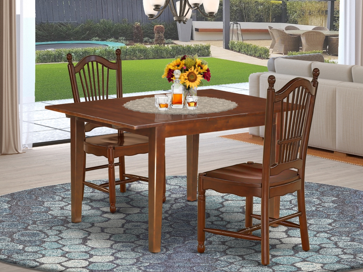 42-54 in. Milan Rectangle Dining Table with 12 in. Leaf & Wood Seat Dining Chairs - Mahogany, 3 Piece