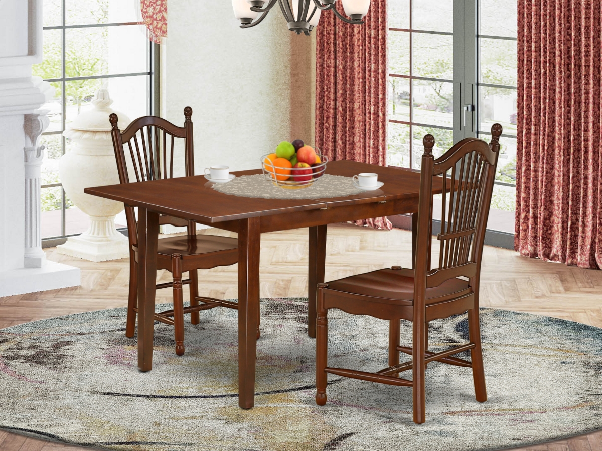 42-53.5 in. Norfolk Rectangular Dining Table with 12 in. Self Storing Butterfly Leaf & Two Wood Seat Chairs - Mahogany, 3 Piece