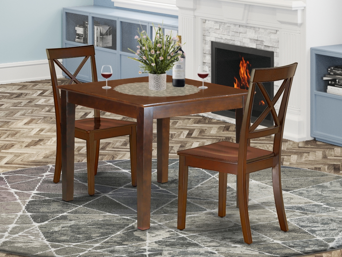36 in. Oxford Square Dinner Table & Wood Seat Chairs - Mahogany, 3 Piece