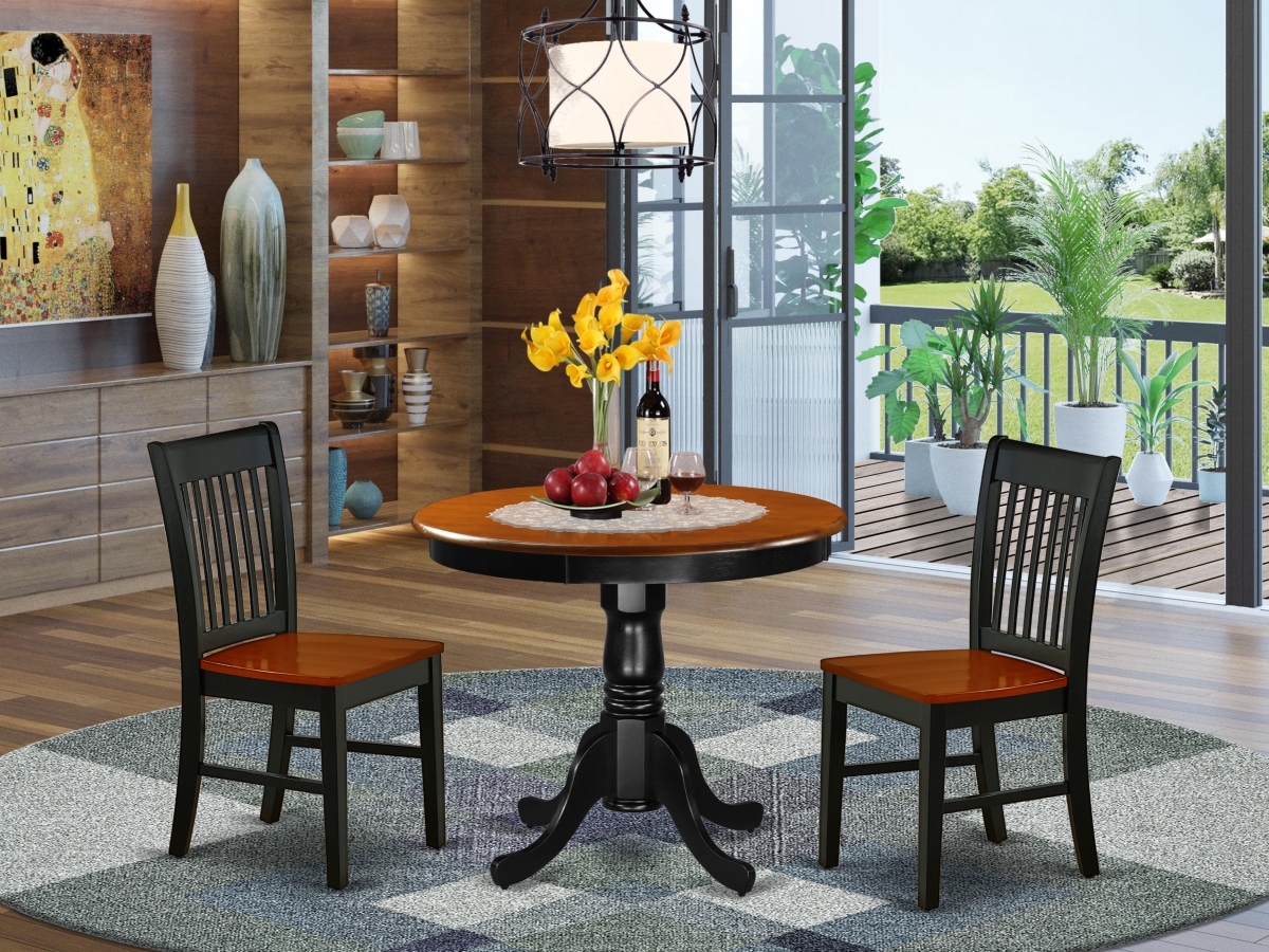36 in. Antique Round Family Table & Two Solid Wood Seat Kitchen Chairs - Black & Cherry, 3 Piece