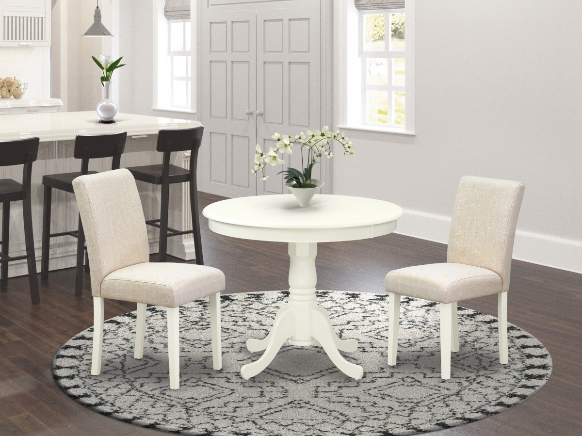 ANAB3-LWH-02 36 in. Antique Round Dinette Table & Two Parson Chair with Linen White Leg & Linen Fabric - Light Beige, 3 Piece