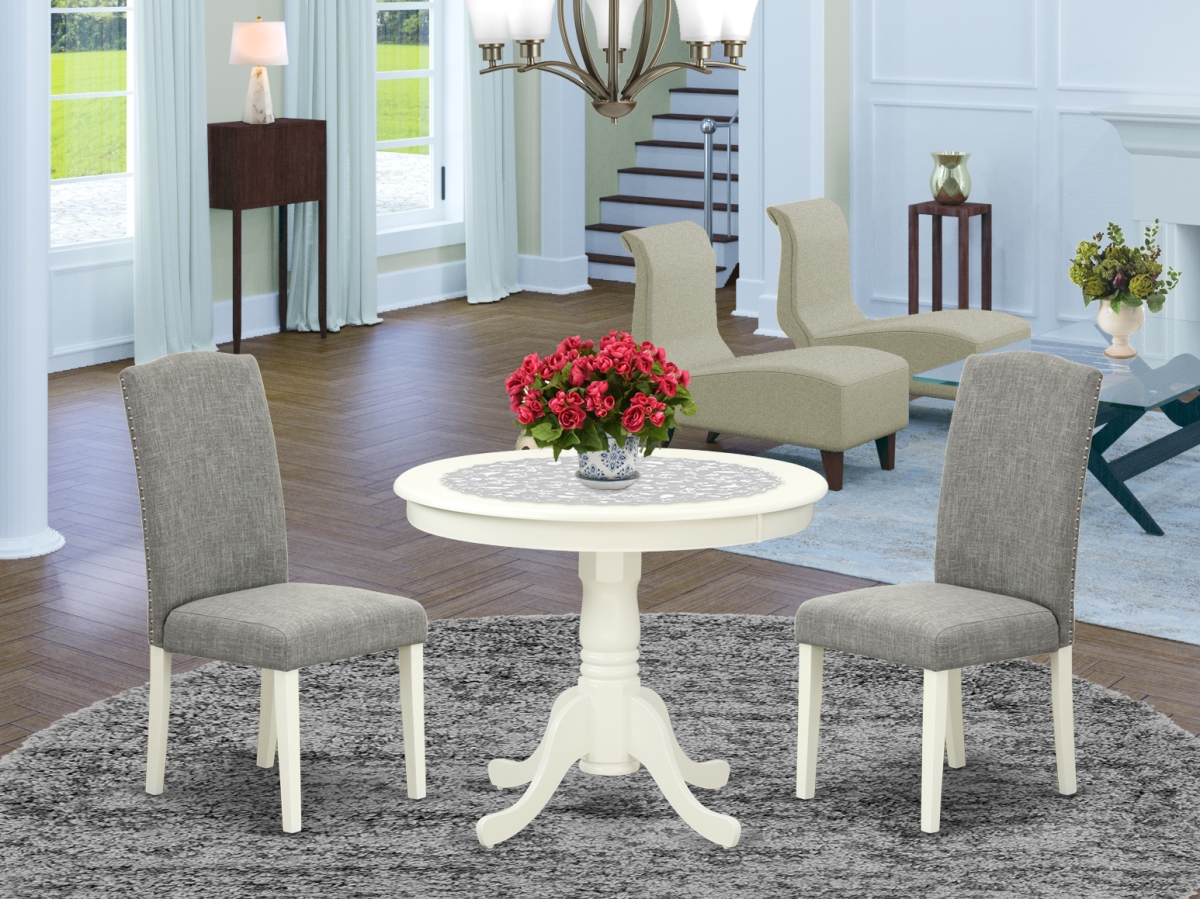 36 in. Antique Round Table & Parson Chair with Linen White Leg & Linen Fabric - Dark Shitake, 3 Piece