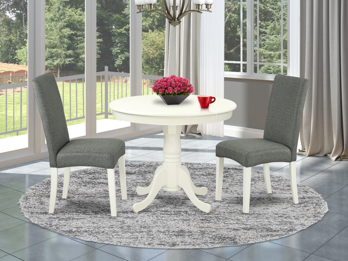 36 in. Antique Round Table & Parson Chair with Linen White Leg & Linen Fabric - Gray, 3 Piece