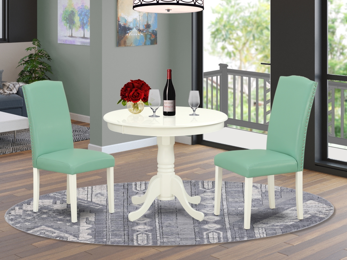 36 in. Antique Round Dining Table & 2 Parson Chair with Linen White Leg & Pu Leather - Pond, 3 Piece