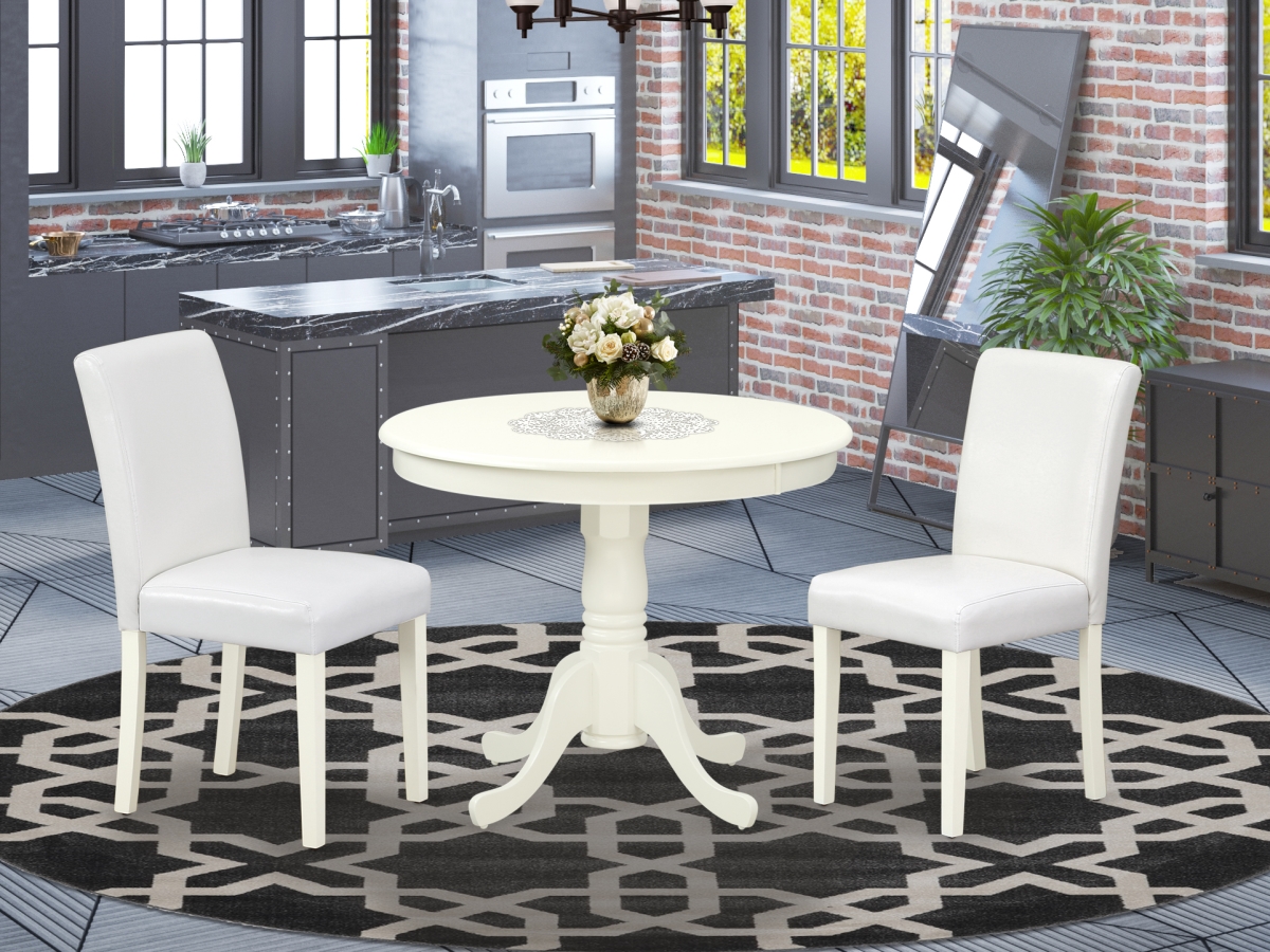ANAB3-LWH-64 36 in. Antique Round Dinette Table & Two Parson Chair with Linen White Leg & Pu Leather - White, 3 Piece