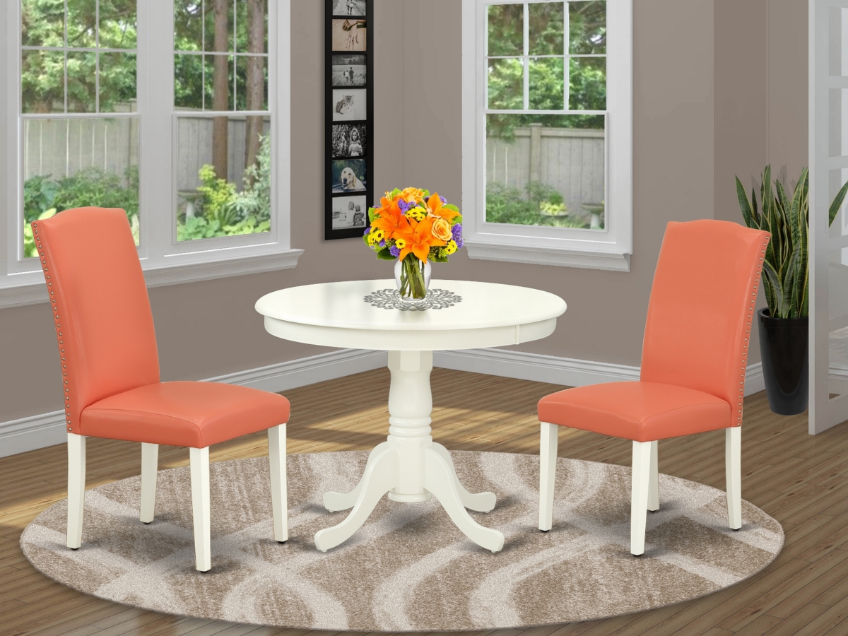 ANEN3-LWH-78 36 in. Antique Round Dining Table & 2 Parson Chair with Linen White Leg & Pu Leather - Pink Flamingo, 3 Piece