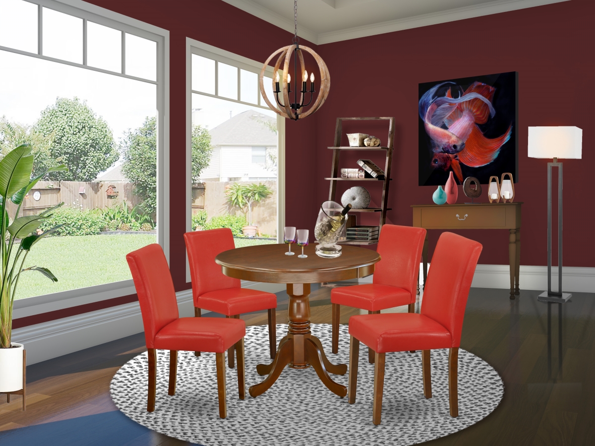 36 in. Antique Round Table & 4 Parson Chair with Mahogany Leg & Pu Leather - Firebrick Red, 5 Piece