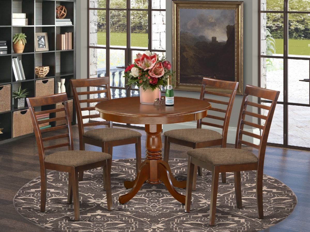 36 in. Antique Round Kitchen Table & 4 Linen Upholstery Seat Chairs - Mahogany, 5 Piece