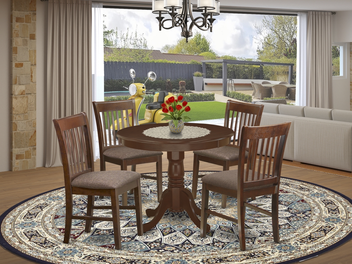 36 in. Antique Round Kitchen Table & Four Linen Fabic Seat Chairs - Mahogany, 5 Piece