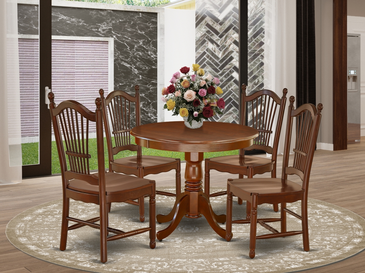 36 in. Antique Round Kitchen Table & Four Wood Seat Dining Chairs - Mahogany, 5 Piece