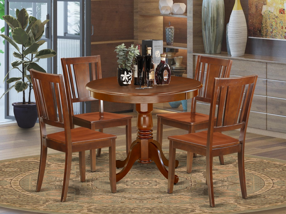 36 in. Antique Round Table & 4 Wood Seat Chairs - Mahogany, 5 Piece