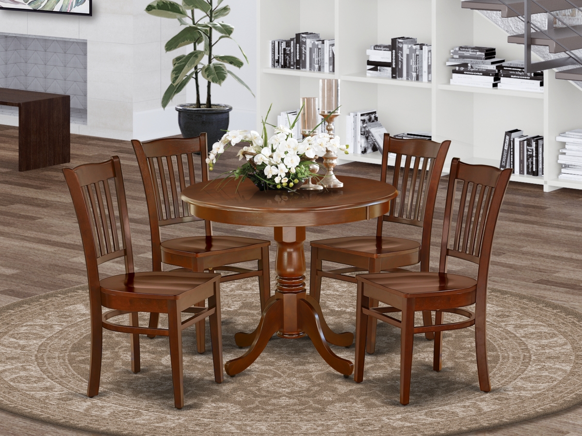 36 in. Antique Round Kitchen Table & 4 Wood Seat Dining Chairs - Mahogany, 5 Piece
