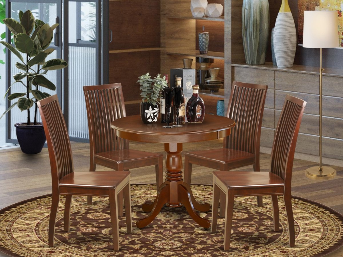 ANIP5-MAH-W 36 in. Antique Round Kitchen Table & 4 Wood Seat Dining Chairs - Mahogany, 5 Piece -  East West Furniture