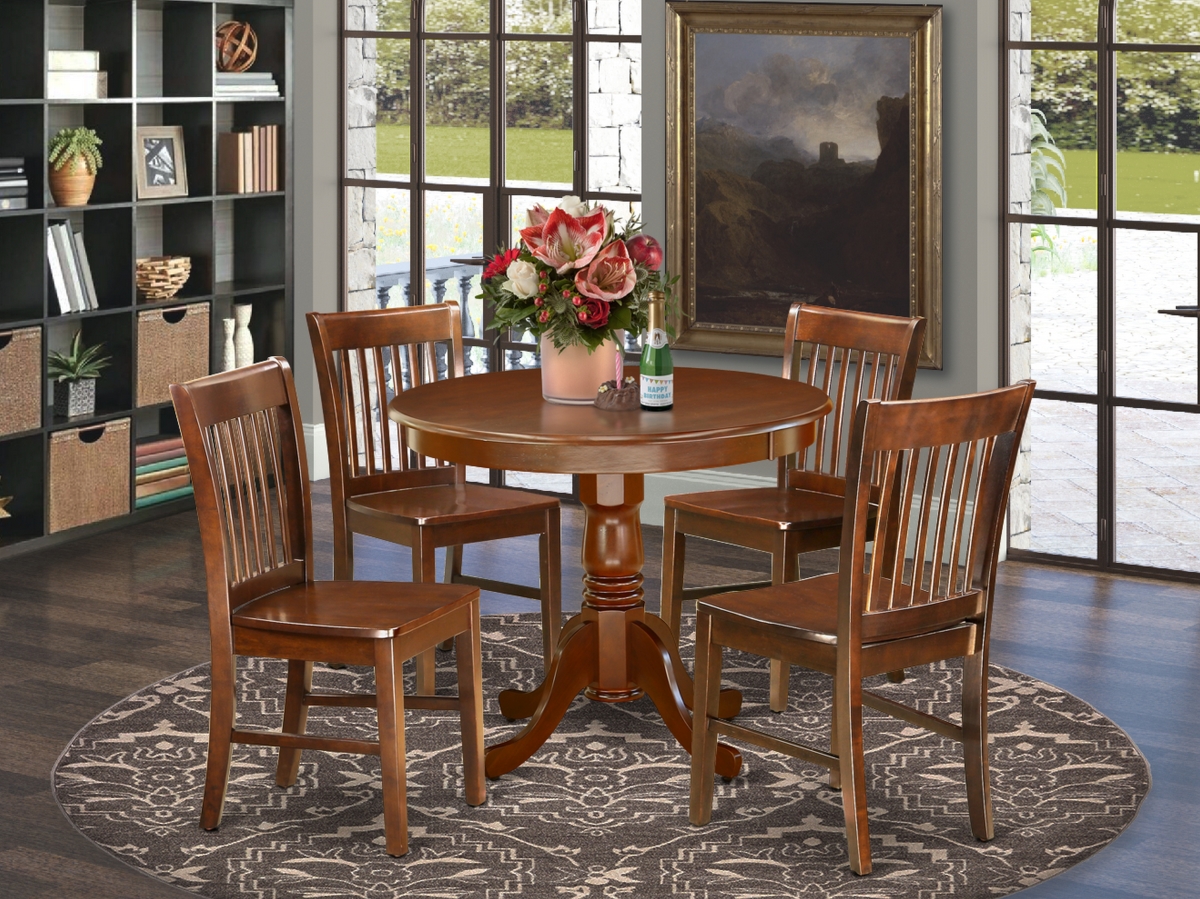 36 in. Antique Round Table & 4 Wood Seat Dining Chairs - Mahogany, 5 Piece