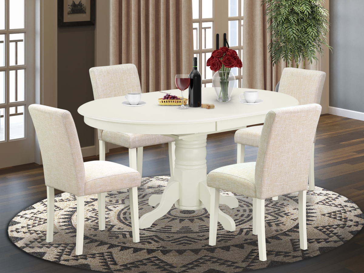 42-60 in. Avon Oval Table with 18 in. Self Storing Butterfly Leaf & 4 Parson Chair with Linen White Leg & Linen Fabric Light Beige, 5 Piece