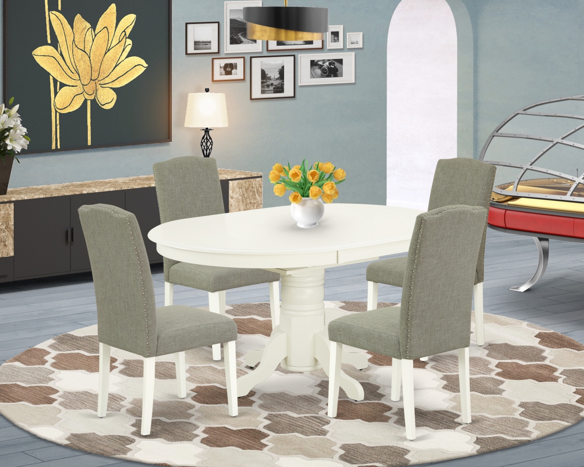 42-60 in. Avon Oval Table with 18 in. Self Storing Butterfly Leaf & 4 Parson Chair with Linen White Leg & Linen Fabric Dark Shitake, 5 Piece