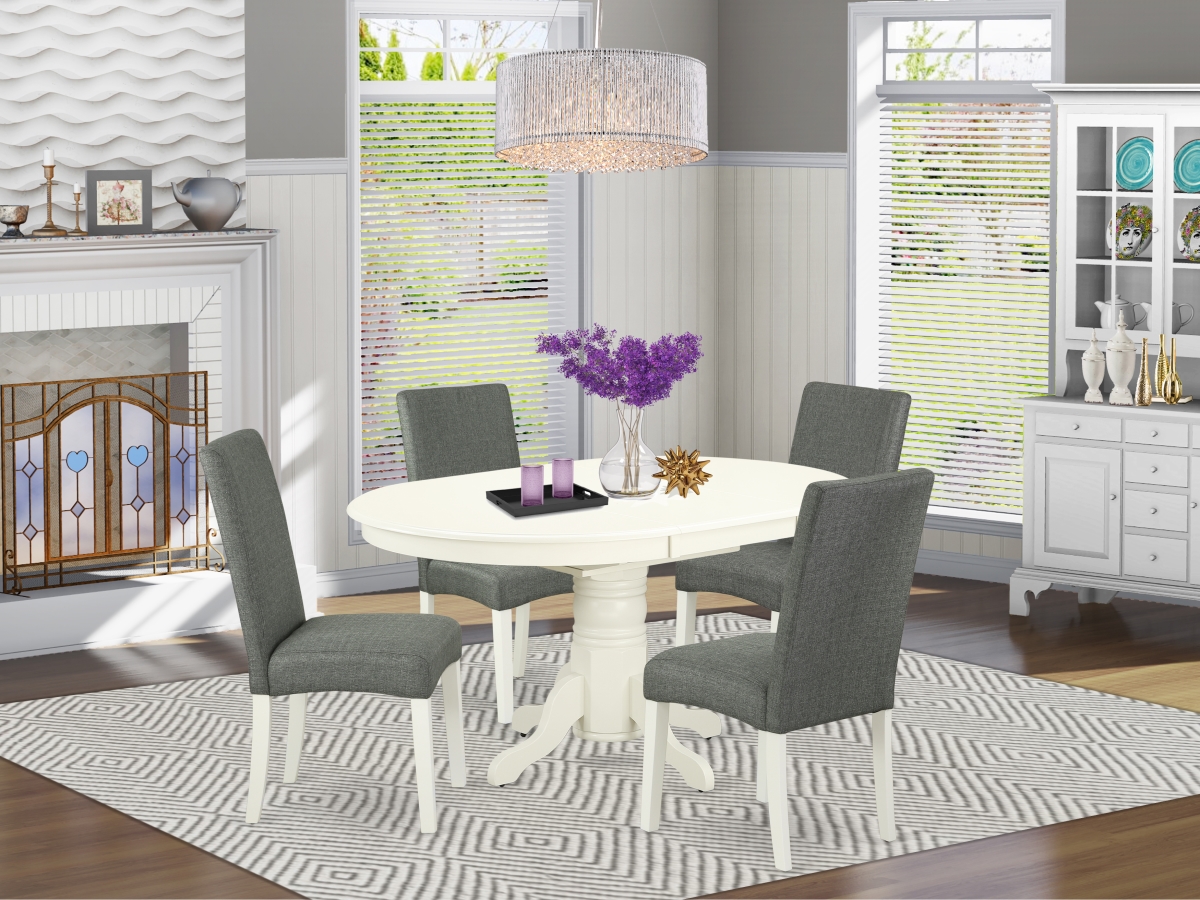 42-60 in. Avon Oval Table with 18 in. Self Storing Butterfly Leaf & 4 Parson Chair with Linen White Leg & Linen Fabric - Gray, 5 Piece