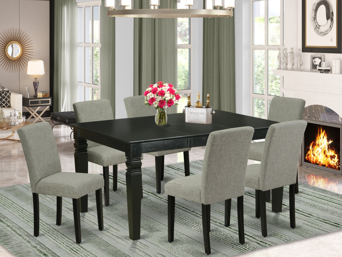 42-60 in. Weston Rectangular Dinette Table with 18 in. Leaf & 6 Parson Chair with Black Leg & Linen Fabric - Shitake, 7 Piece