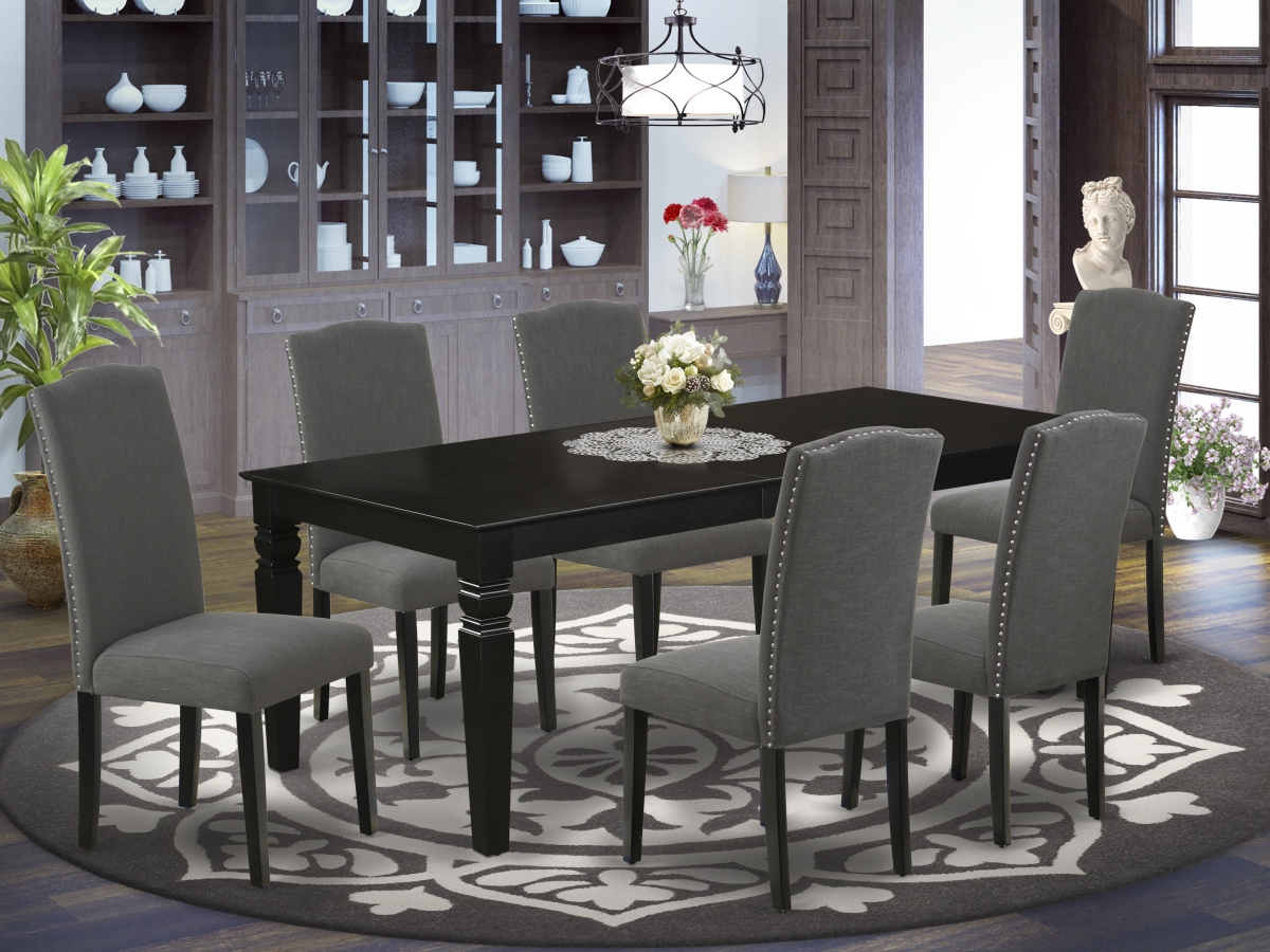 42-60 in. Weston Rectangular Dinette Table with 18 in. Leaf & 6 Parson Chair with Black Leg & Linen Fabric - Dark Gotham Gray, 7 Piece