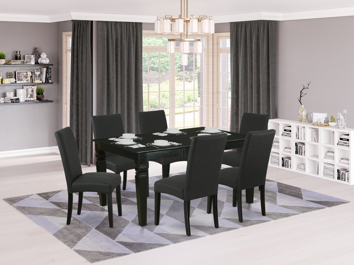 42-60 in. Weston Rectangular Dinette Table with 18 in. Leaf & 6 Parson Chair with Black Leg & Linen Fabric - Black, 7 Piece