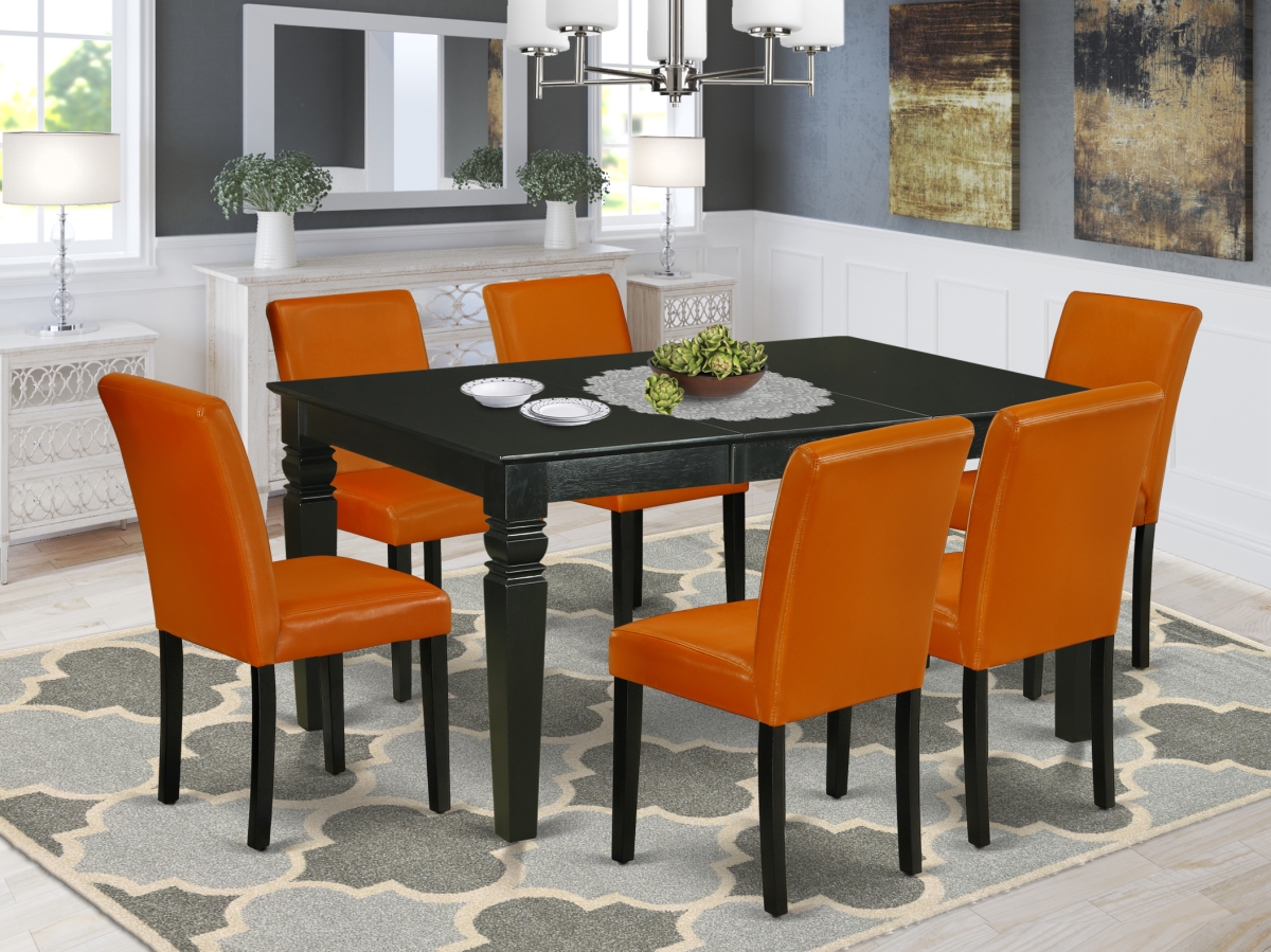 42-60 in. Weston Rectangular Dinette Table with 18 in. Leaf & 6 Parson Chair with Black Leg & Pu Leather - Baked Bean, 7 Piece