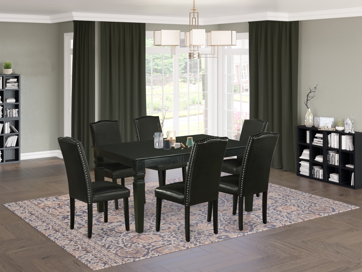 WEEN7-BLK-69 42-60 in. Weston Rectangular Dinette Table with 18 in. Leaf & 6 Parson Chair with Black Leg & Pu Leather - Black, 7 Piece