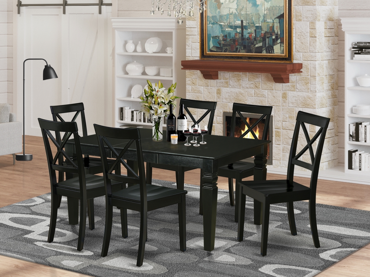 WEBO7-BLK-W 42-60 in. Weston Rectangle Kitchen Table with 18 in. Leaf & 6 Wood Seat Dining Chairs - Black, 7 Piece