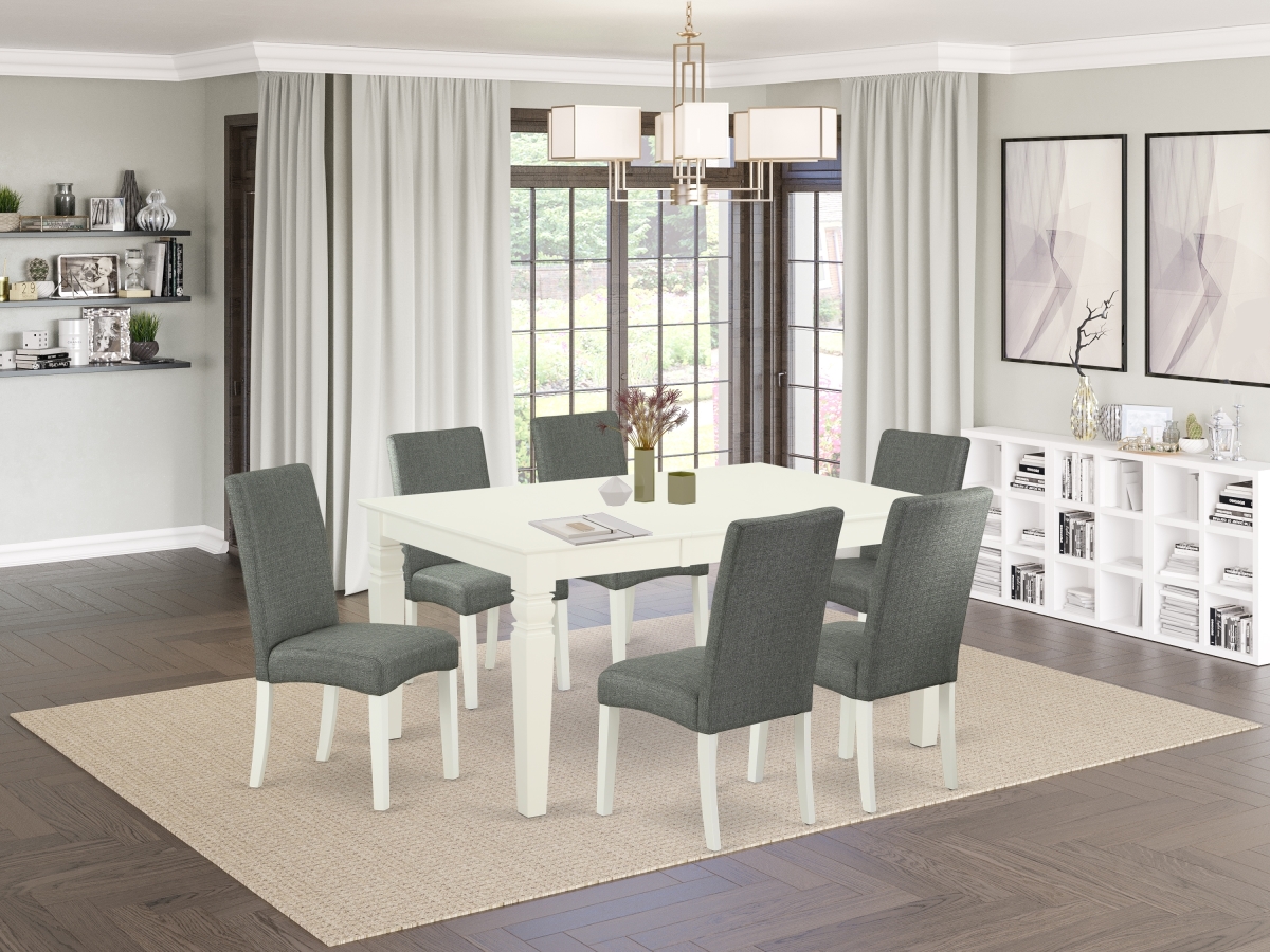 42-60 in. Weston Rectangular Dinette Table with 18 in. Leaf & 6 Parson Chair with Linen White Leg & Linen Fabric - Gray, 7 Piece