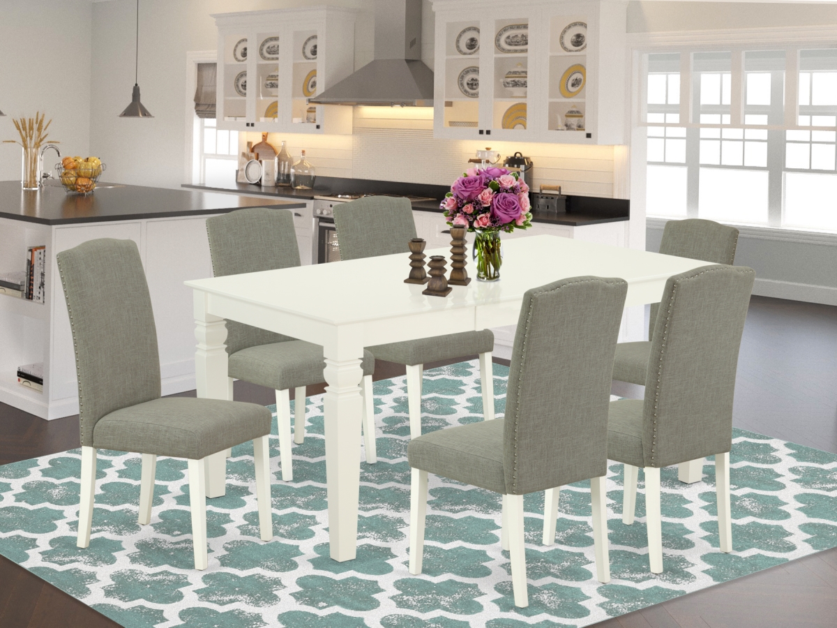 42-60 in. Weston Rectangular Dinette Table with 18 in. Leaf & 6 Parson Chair with Linen White Leg & Linen Fabric - Dark Shitake, 7 Piece